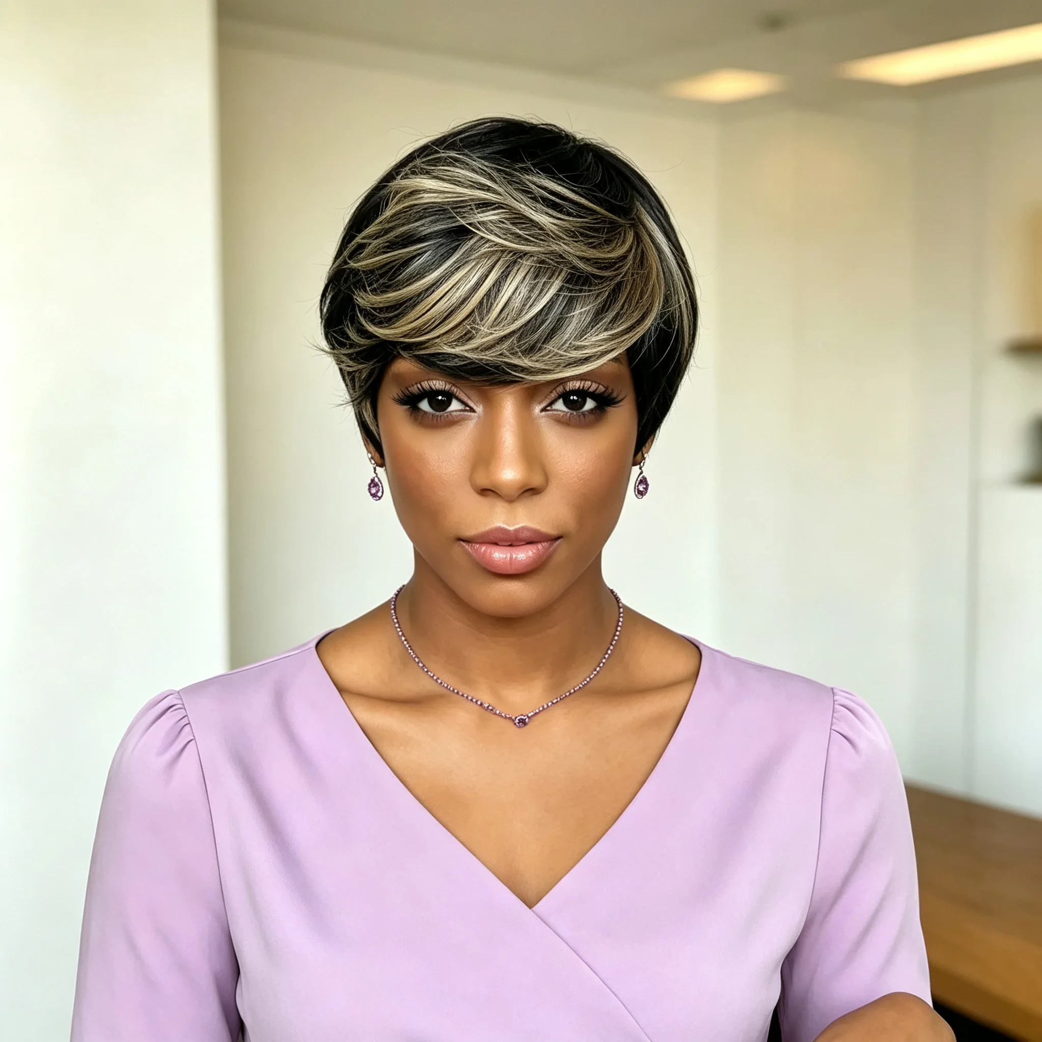 Short Layered Pixie Cut Wig with Bangs,  Mixed Color 1B/27, Brazilian Human Hair Wigs For Women