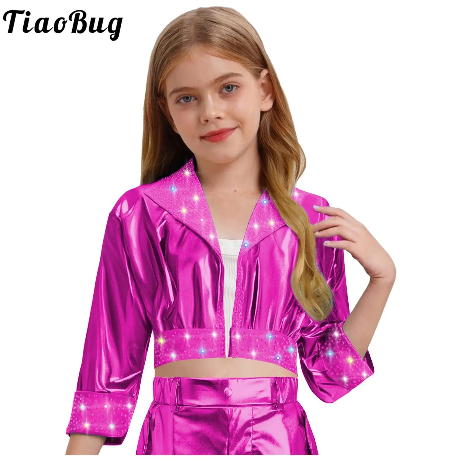 

Kids Girls Jazz Dance Top Outerwear Coat Dancing Modern Dancewear Lapel Collar Long Sleeve Shiny Rhinestones Metallic Jacket
