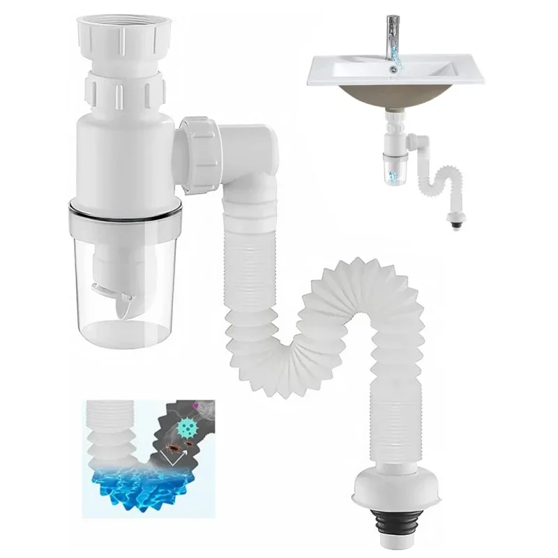 

P-Trap Kitchen Sink Drain Retractable Deodorizing Flexible Downspout Bathroom Sink Anti Clogging Kitchen Accessories