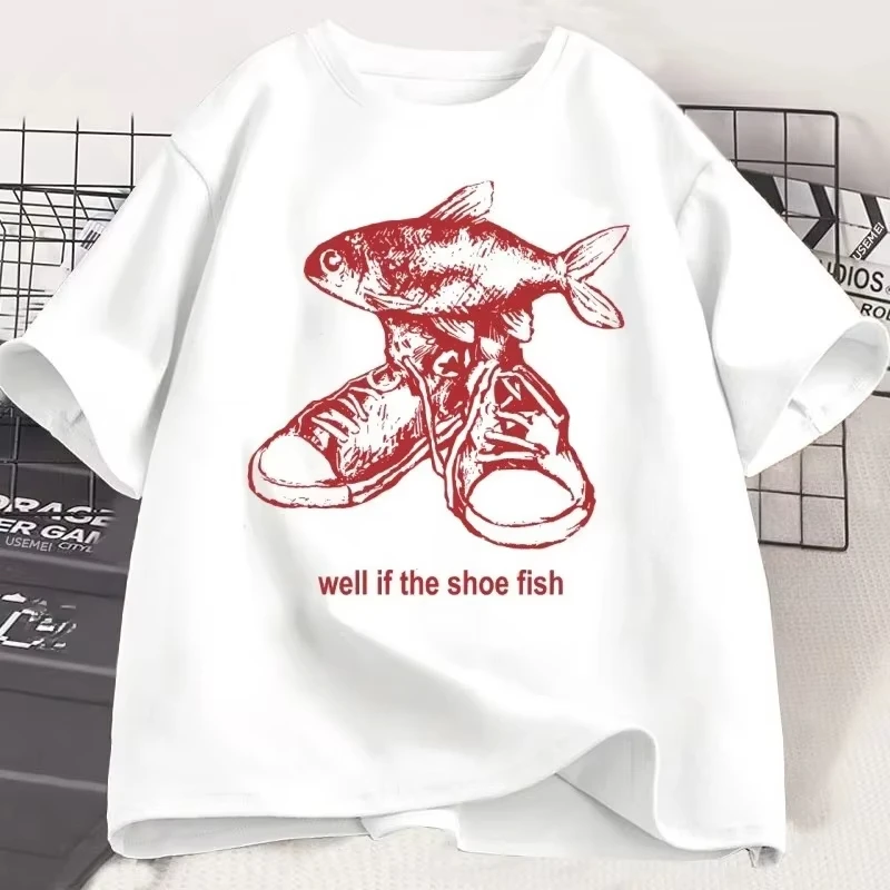 Shoe Fish Cursed T-Shirt Y2K Tees Funny Weirdcore Tee Y2K 90s Retro Graphic T Shirt Short Sleeve Women's Clothing Tees