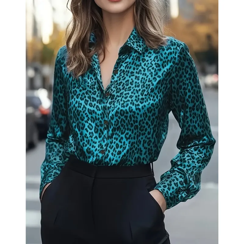 

Элегантная винтажная женская рубашка-блузка, новинка 2023 года, осенняя атласная рубашка с длинными рукавами и леопардовым принтом, топ для женщин, офисных леди