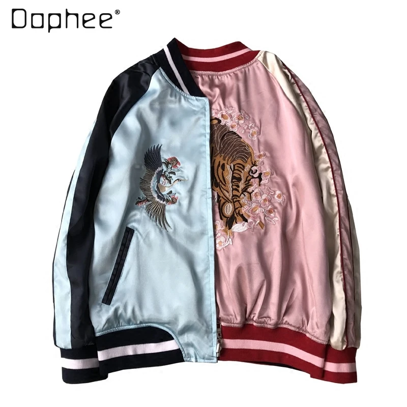 2023 Spring Reversible Tiger Embroidered Coat Women's Satin Baseball Jacket Loose BF Student Bomber Jacket Korean