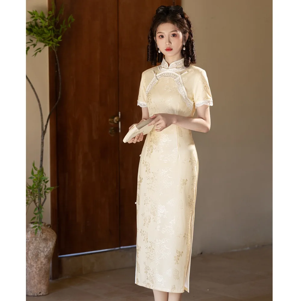 Yourqipao Summer High End Beautiful Cheongsam Vintage Elegant Modified Qipao Chinese Style Evening Dress for Women Party