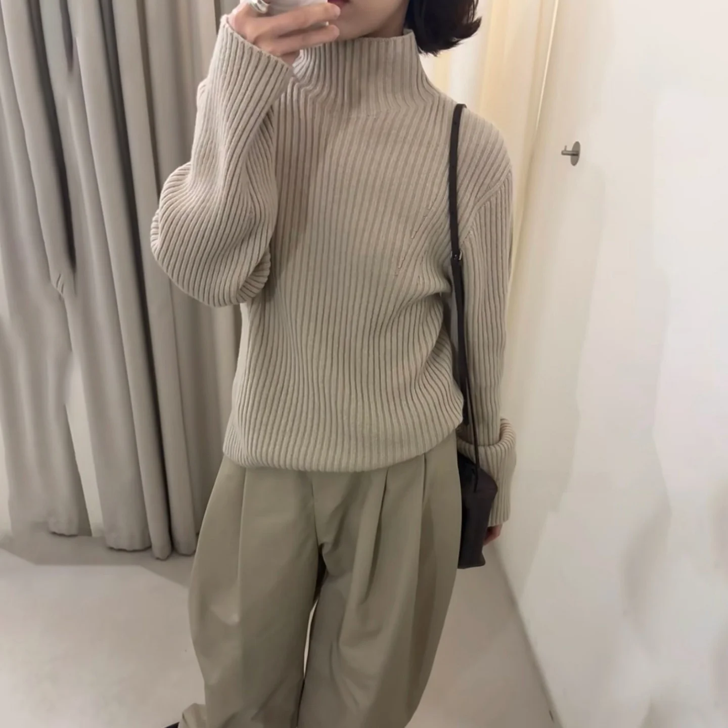

Ele Commuter Sle Woolen Knit Sweater High Collar Elastic Casual Long Sve Women's Faion Basic Color Top