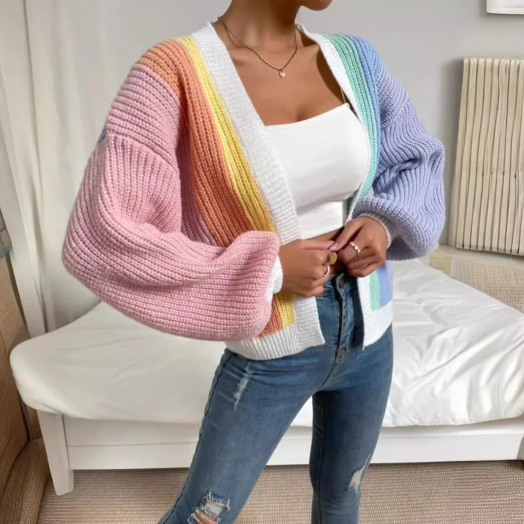 Elegant Fashionable Knitted Cardigan Women's European Style Long Sleeve Top Sweater Multibar Patchwork Color Blocking Design Sen