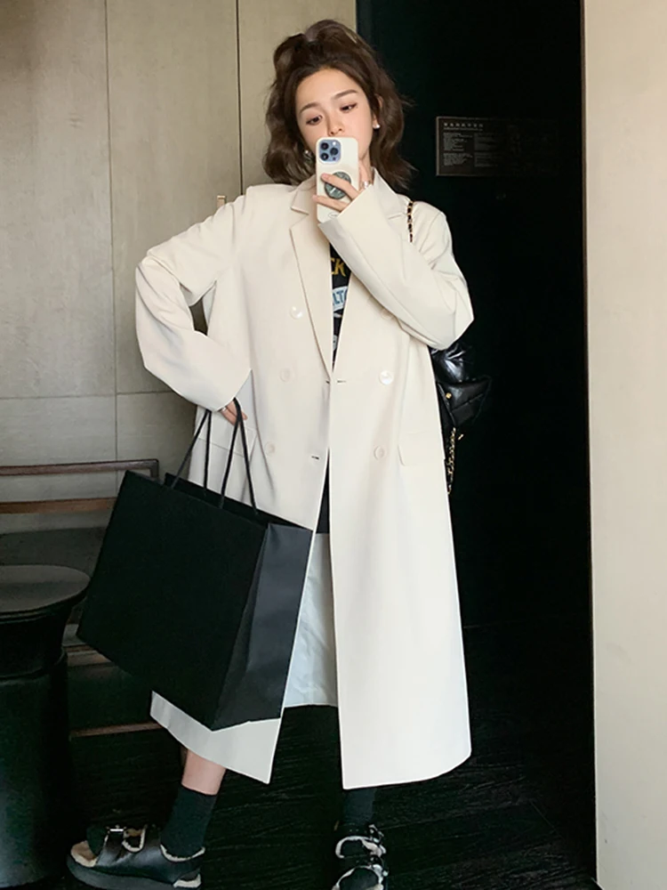 LANMREM White Long Blazer Women Office Lady Notched Collar Double Breasted Coat Versatile 2024 Spring New Clothing 2AA4901