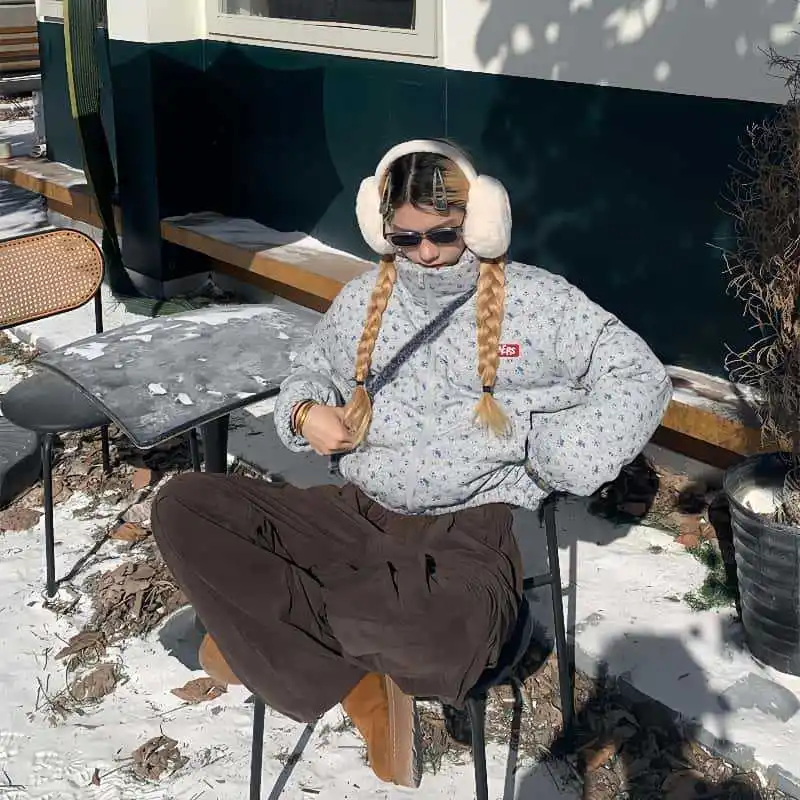 Jaqueta acolchoada de algodão de pão floral doce da menina engrossar estilo coreano outono inverno feminino estudante quente solto casaco puffer jaqueta