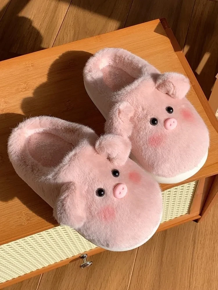 Yasuk Autumn Winter Fashion Women\'s Girl Casual Soft Indoor Slippers Furry Non-Slip Lovely Sweet Pink Pig Warm Girl Thick