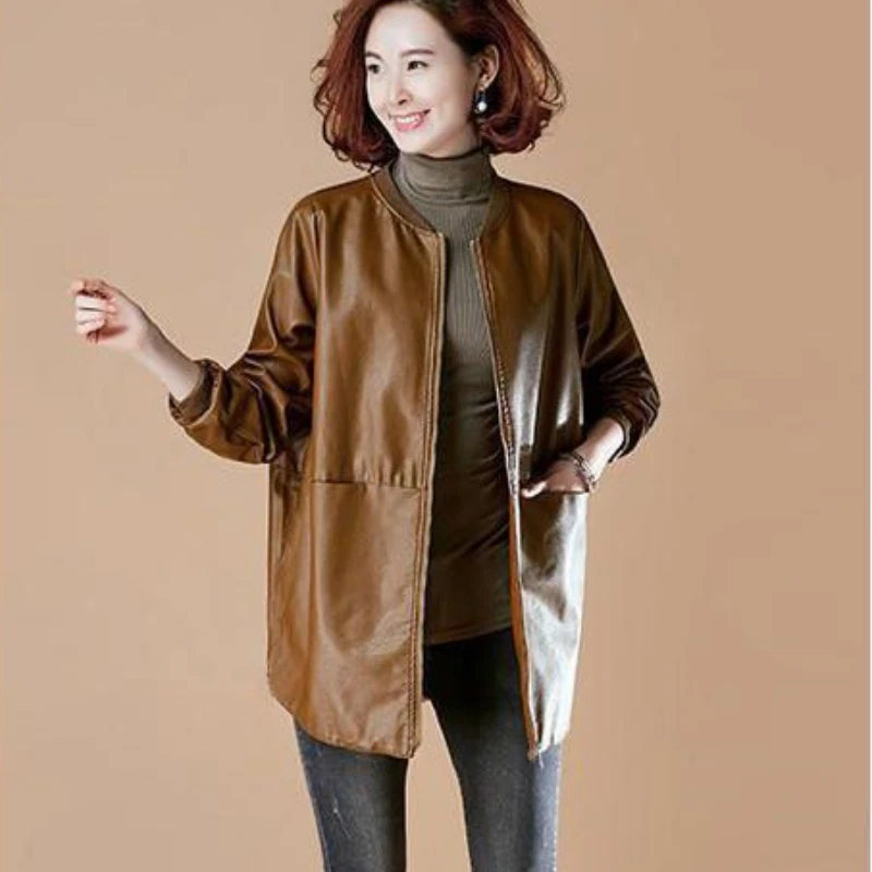 Veste en cuir à manches longues pour femme, coupe-vent à fermeture éclair, maillot de baseball combiné, manteau de printemps et d'automne, mode haut de gamme, grande taille