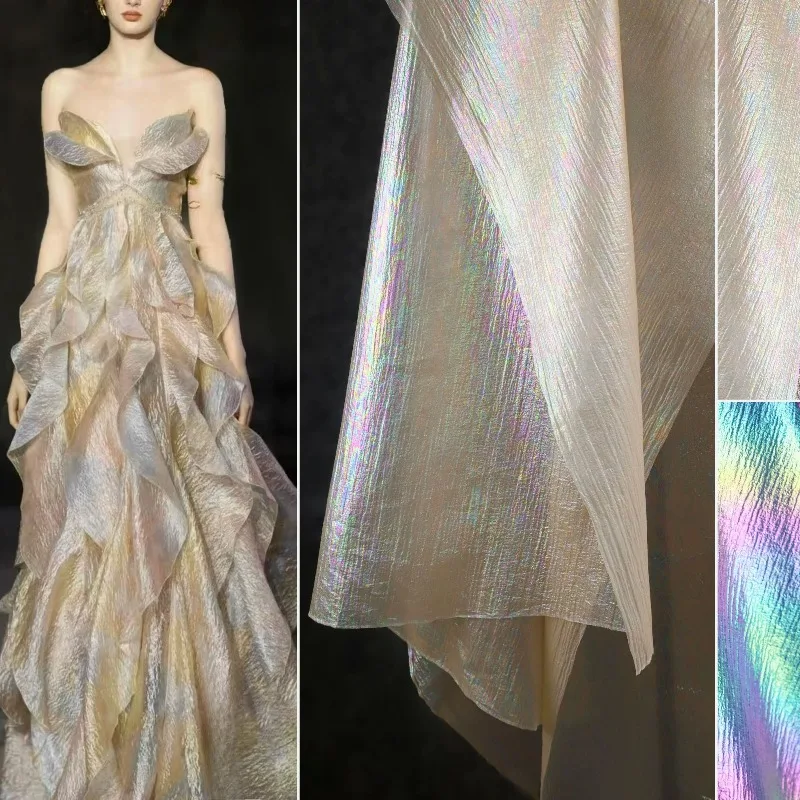 

Beige Camel Gradient Iridescent Crinkle Gauze Fabric Lightweight Shiny Designer Cloth for DIY Half Skirts Decor Formal Dresses