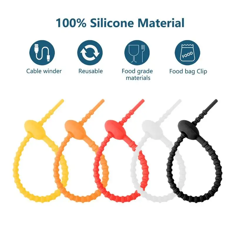 5Pcs/Lot Silicone Reusable Bag Ties Twist Wire Fasten Cable Zip Tie Headset Data Line Wire Universal Tie for Audio Cable