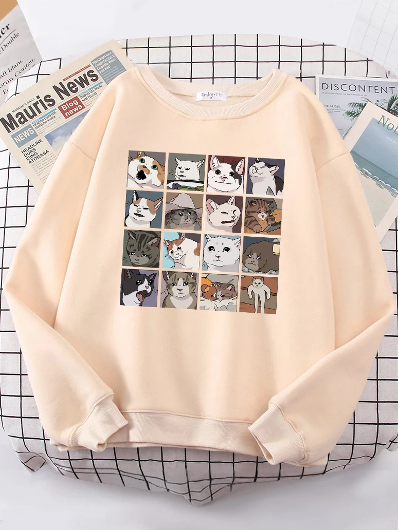 Funny Meme Cats Printing Woman Sweatshirt vintage Oversize Hoody Street Casual Loose Hoodie simple Soft New Tracksuit Female