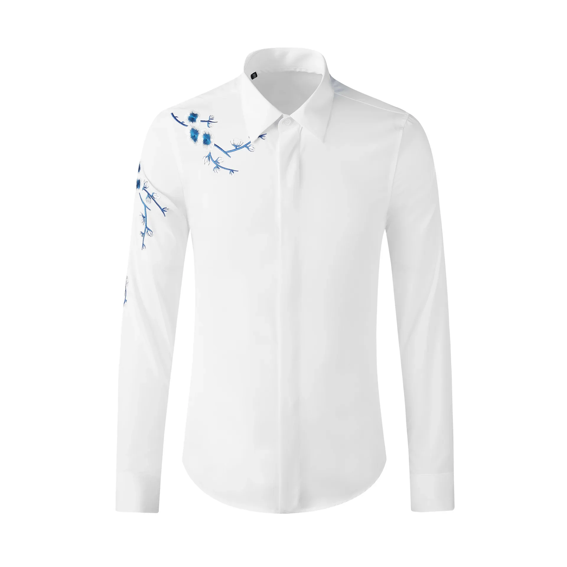 Autumn and winter Chinese style plum blossom embroidered long sleeved men's shirt, trendy brand shirt, men's clothing