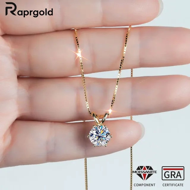 Certyfikowane RAPRGOLD naszyjniki z moissanitem 0,5-5 ct, srebro próby S925, naszyjniki solitaire z łańcuszkami dla kobiet, biżuteria na prezent.