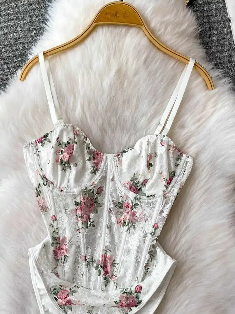 Women's White Skinny Lace Playsuits Vintage V-Neck Overall Flower Print Jumpsuits Elegant Exotic Sexy Rompers Coquette Clothing