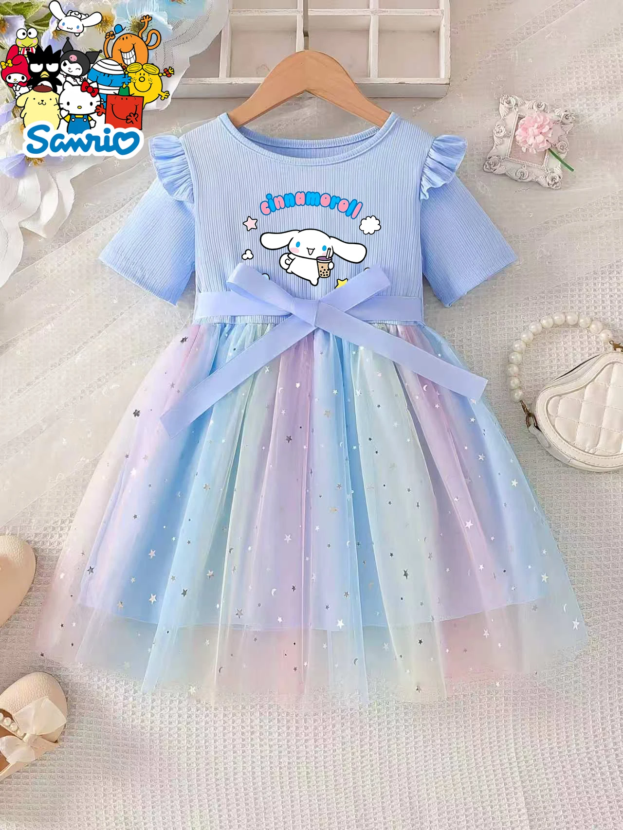 Cinnamoroll Princess Dress for Girls, Blue-Purple Gradient Star Tulle Puffy Dress, Kids Birthday Party Formal Dress