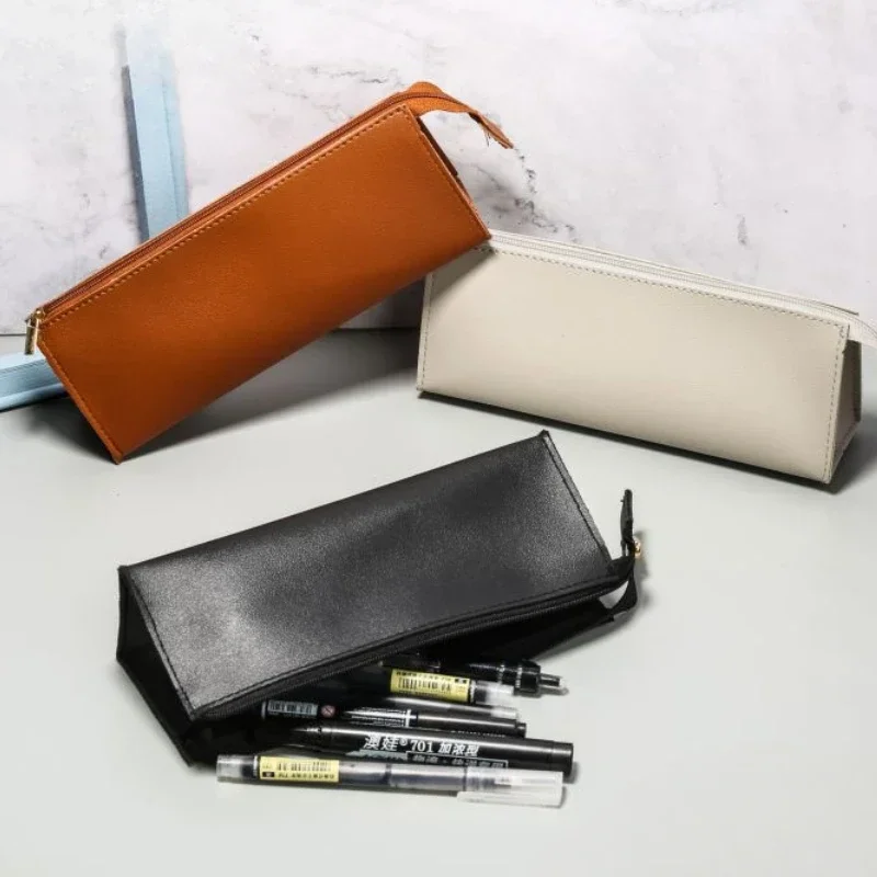 Pu Leather Pencil Bag with Zipper Large Capacity Multi Pack Minimalist Style Black Brown Beige Stationery Cases Student Supplies