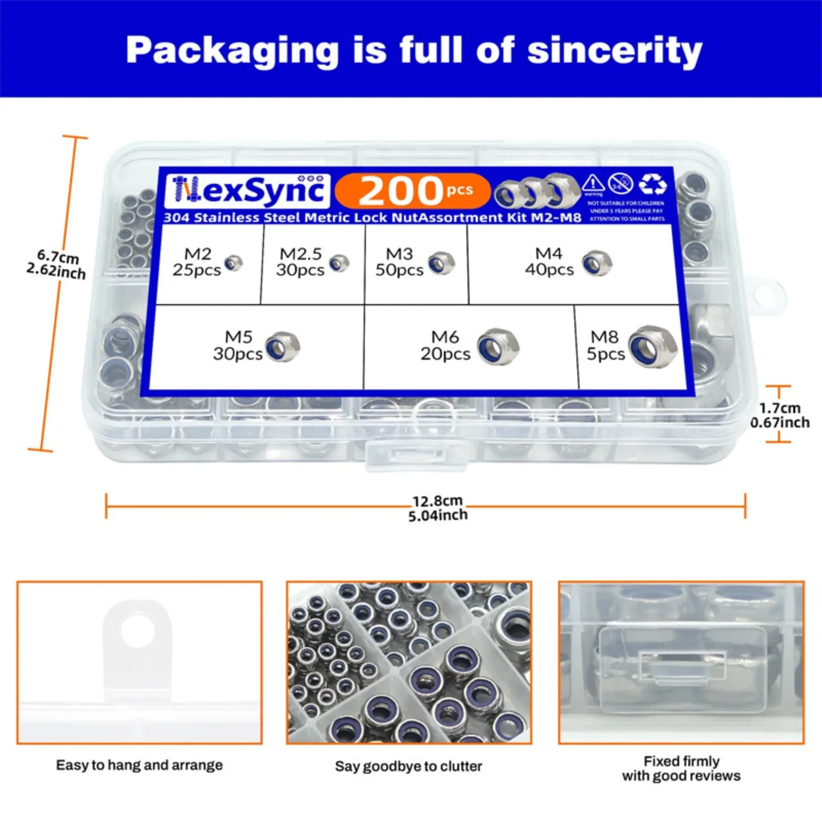 200PCS-DIN985 Hexagonal Nylon Self-locking Nut Stainless Steel M2 M2.5 M3 M4 M5 M6 M8
