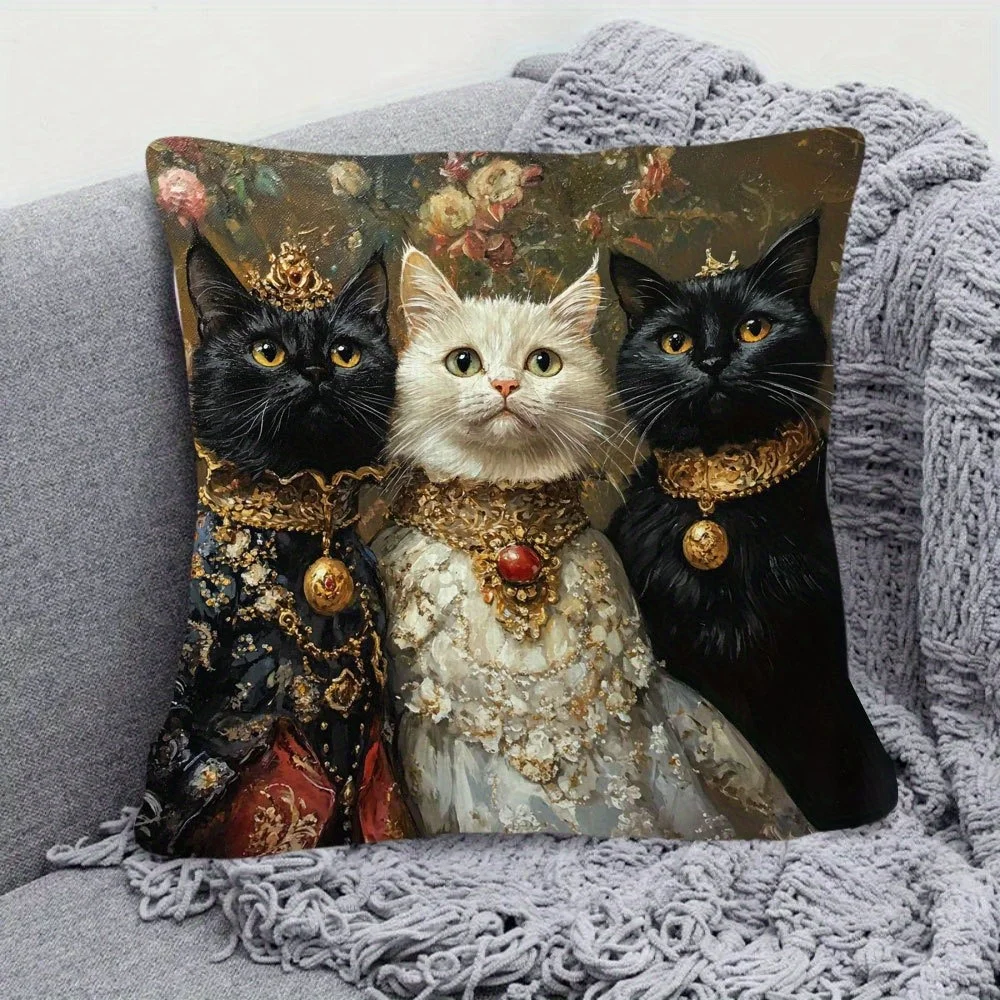 1pc Vintage Royal Cats Square Throw Pillow Cover Renaissance Royalty Pet Decorative Cushion Case for Sofa Bedroom Living Room