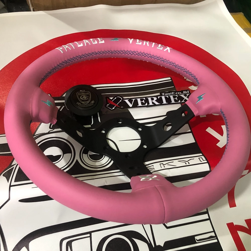 JDM 13Inch Pink Leather Vertex Fatlace Steering Wheel Car Rally Racing JDM Vertex Steering Wheel Volantes For VW HONDA TOYOTA