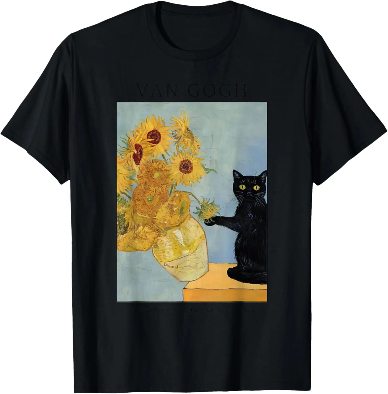 Black Cat Van Gogh Sunflowers Art Parody Graphic Tee Soft Cotton Casual Crewneck T-Shirt