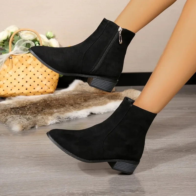 

Chunky Suede Women Ankle Boots 2024 Winter New Fashion Mid Heels Casual Pointed Toed Side Zip Shoes for Women Botas De Mujer