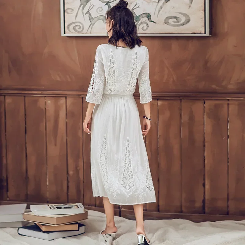 GypsyLady Silk Cotton Elegant Women Dress White Hollow Out Casual Summer Midi Dress Half Sleeve Chic Ladies Dress Vestidos 2024