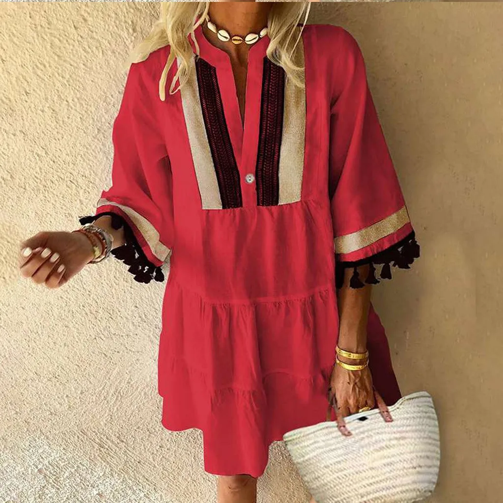 

Dresses For Summer Casual Women Fashion V-Neck Color Contrast Tassels Retro Dressed For Summer Back Cocktail Dress For Women