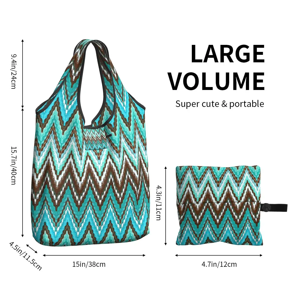 Modern Geometric Blue-ish Zig Zag Shopping Bags Women Portable Big Capacity Groceries Abstract Zigzag Boho Shopper Tote Bags