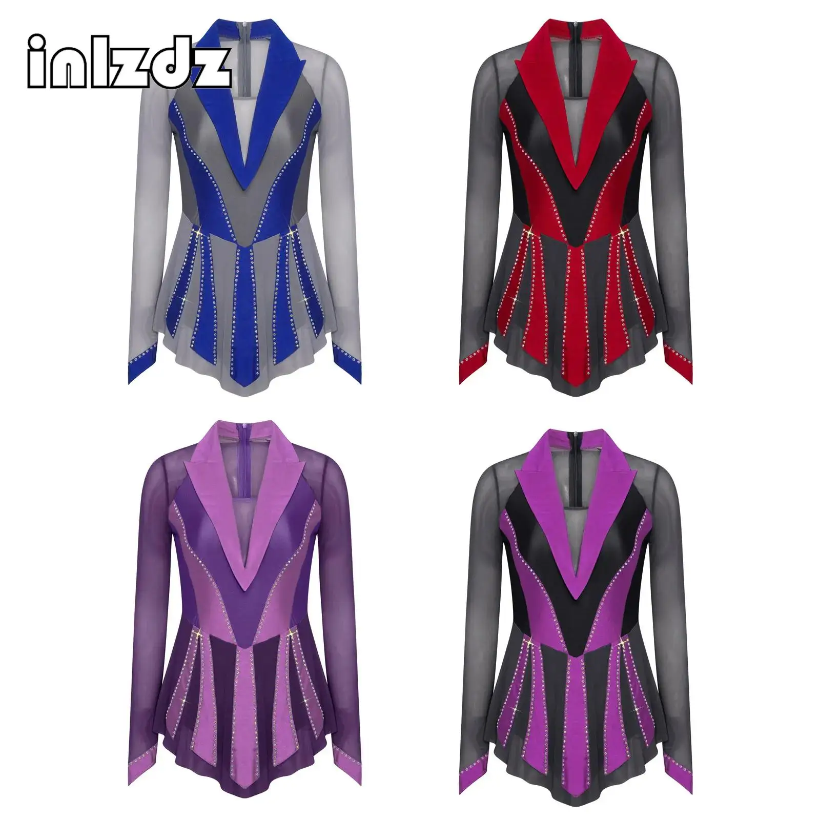 

Womens Figure Skating Dresses Bodysuit Rhinestone Mesh Lyrical Dresses Contrast Color Built In Briefs Gymnastics Dance Costumes