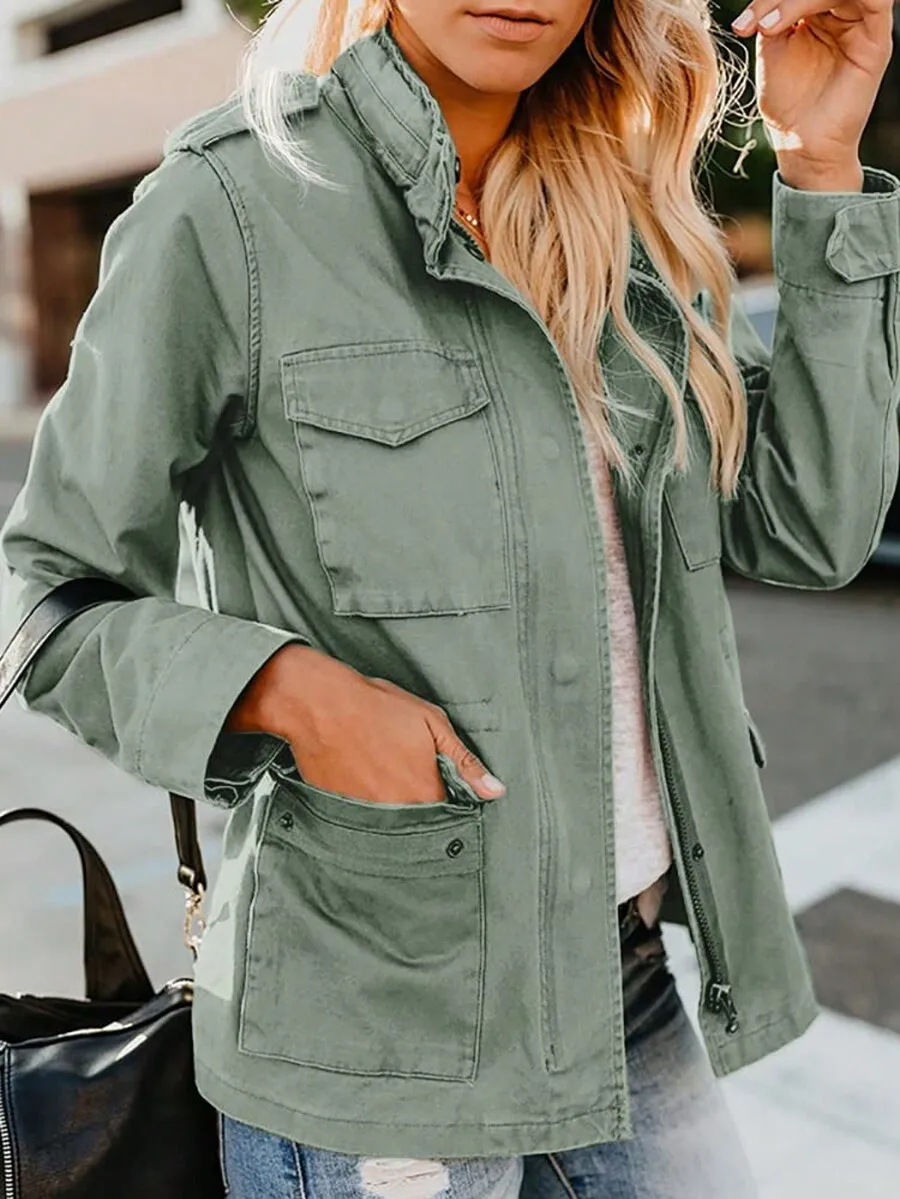 

Women's Olive Green Utility Jacket with Snap & Zip Closure, Multi-Pocket, Adjustable Waist, Lightweight Fall Outerwear