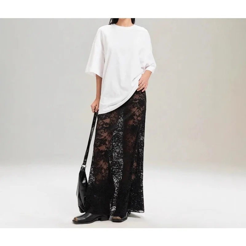 Long Dress Women Clothing See Through Maxi Skirt Elastic Waistband 2026 Summer New High Waist Sheer Vintage Fashion Lace Skirts
