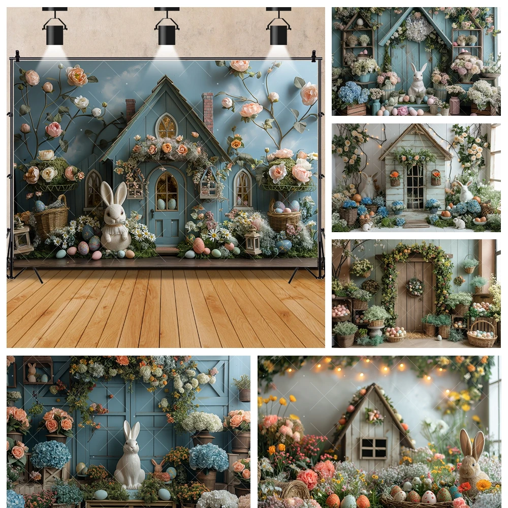 Spring Easter Eggs Rabbit Flowers Wooden House Custom Birthday Party Backdrop Kid Room Poster Decoration Photography Background