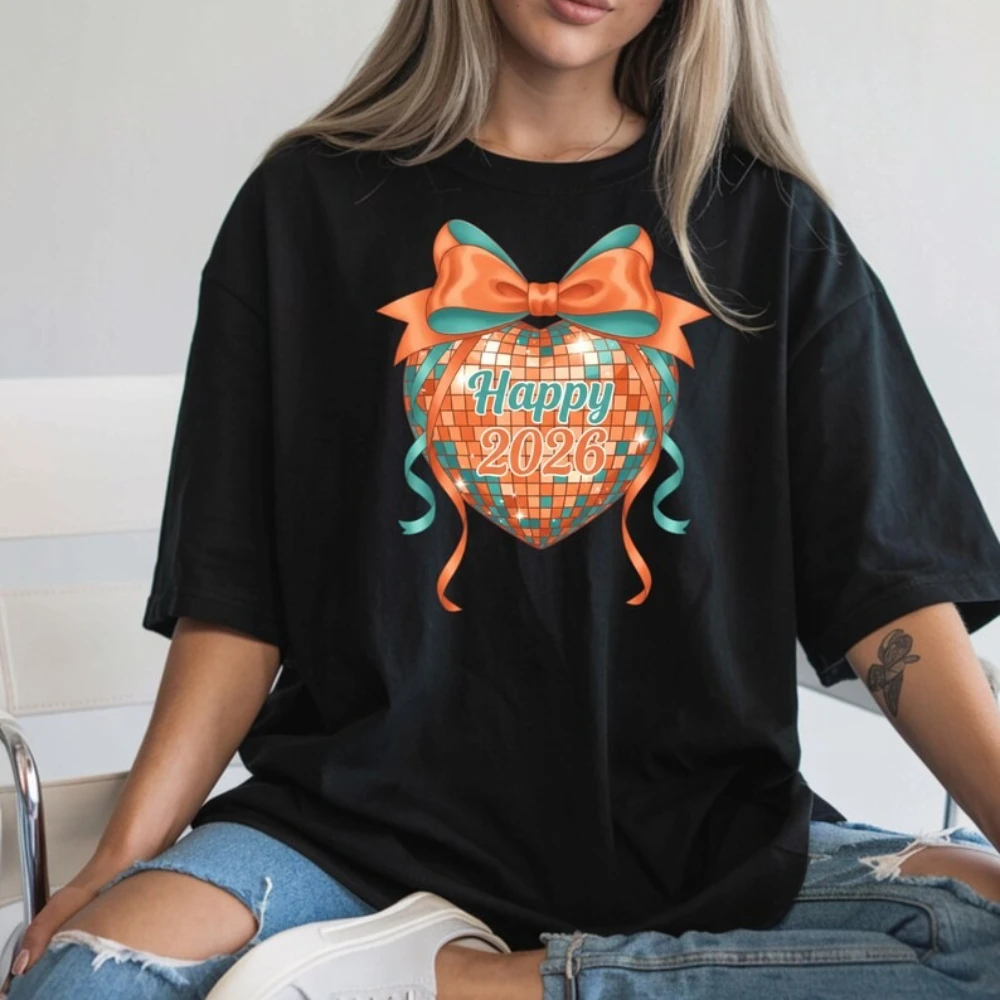 2026 السنة الجديدة تي شيرت القلب ديسكو التصميم الإبداعي المحملة المرأة موضة السنة الجديدة حفلة قميص عطلة رائجة البيع بلايز عادية القطن المحملة #1