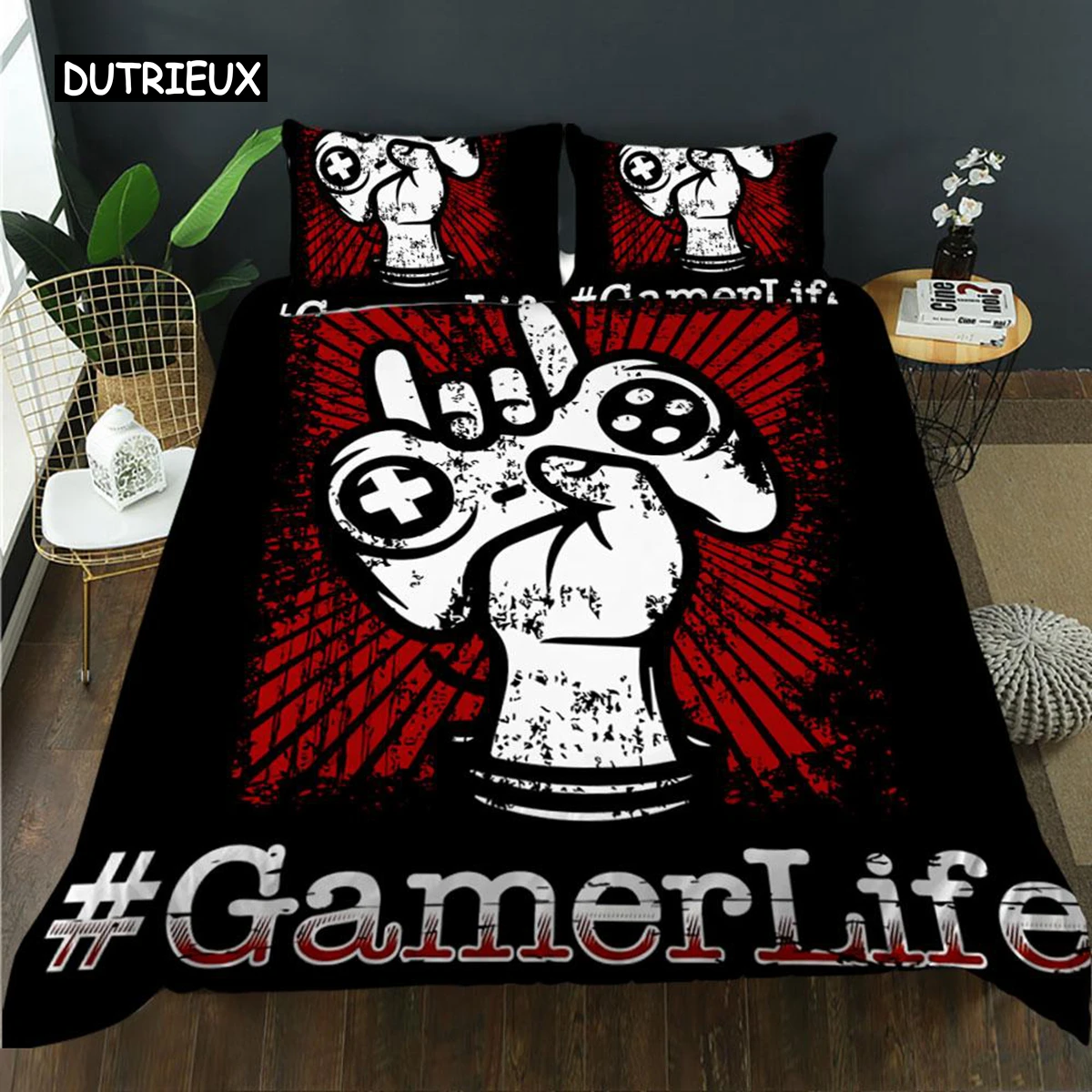 

Gamepad Duvet Cover Set Juvenile Hand Skeleton Gamepad Twin Bedding Set Teens Boys Skull Gamer Queen Size Polyester Quilt Cover