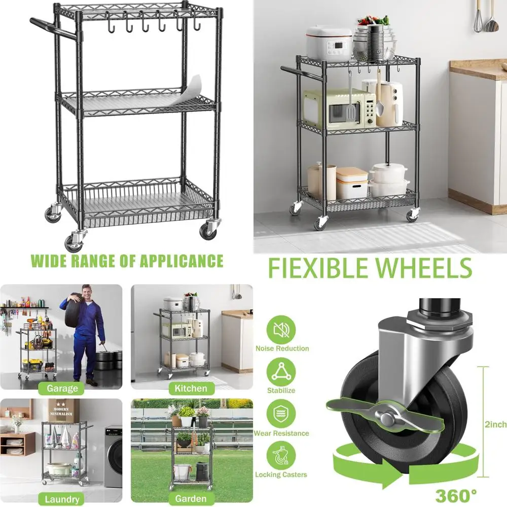 Carrinho utilitário de metal resistente de 3 camadas com rodas, capacidade de 750 libras, organizador de cozinha ajustável para uso interno e externo
