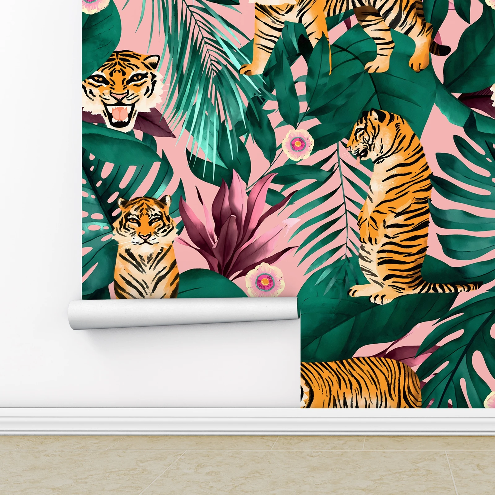 Fashionable Wallpaper Peel and Stick，Tropical Tiger and Foliage Wall Art for Stylish Interiors，Home Accessories，50*300,Cust