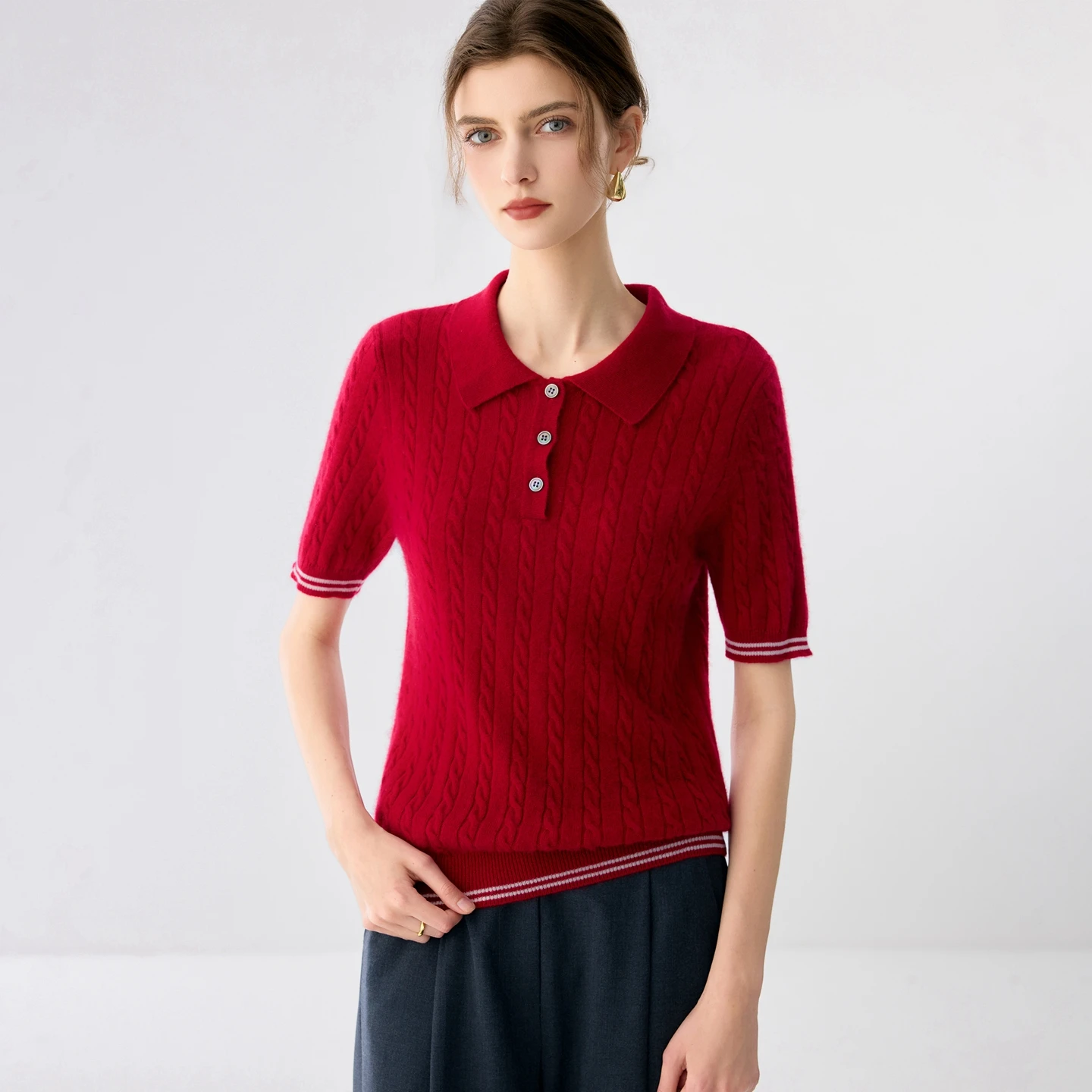 Women's Vintage POLO Collar Short Sleeve 100% Cashmere Knitwear Lapel Pullover T-shirt Y2K Fashion Fried Dough Twists Top Autumn