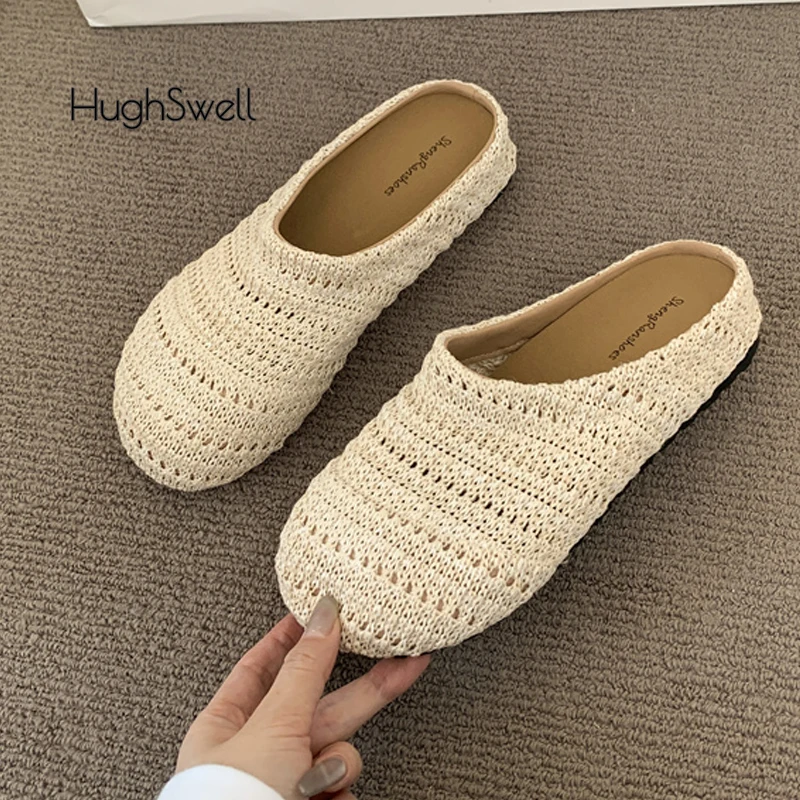 Chic Crochet Knitted Mule Clogs Woman Breathable Linen Weaved Hollow Out Slide Sandal Ladies Brand Design Round Toe Birken Shoes