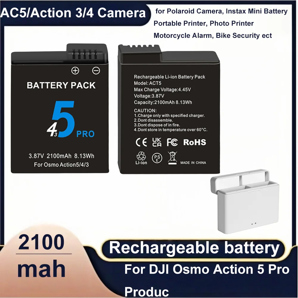 2100mAh Battery for DJI Osmo Action 5 Pro Action Camera Batteries 2 Slots Fast Charger Battery for Osmo 3 4 5 Pro Accessories