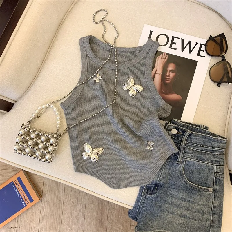 Butterfly Slim Knit Sweater Vest For Women Stylish Sexy Fashion Chic Crop Tops 2024 Summer Sleeveless O-neck Knitwear Jumpers