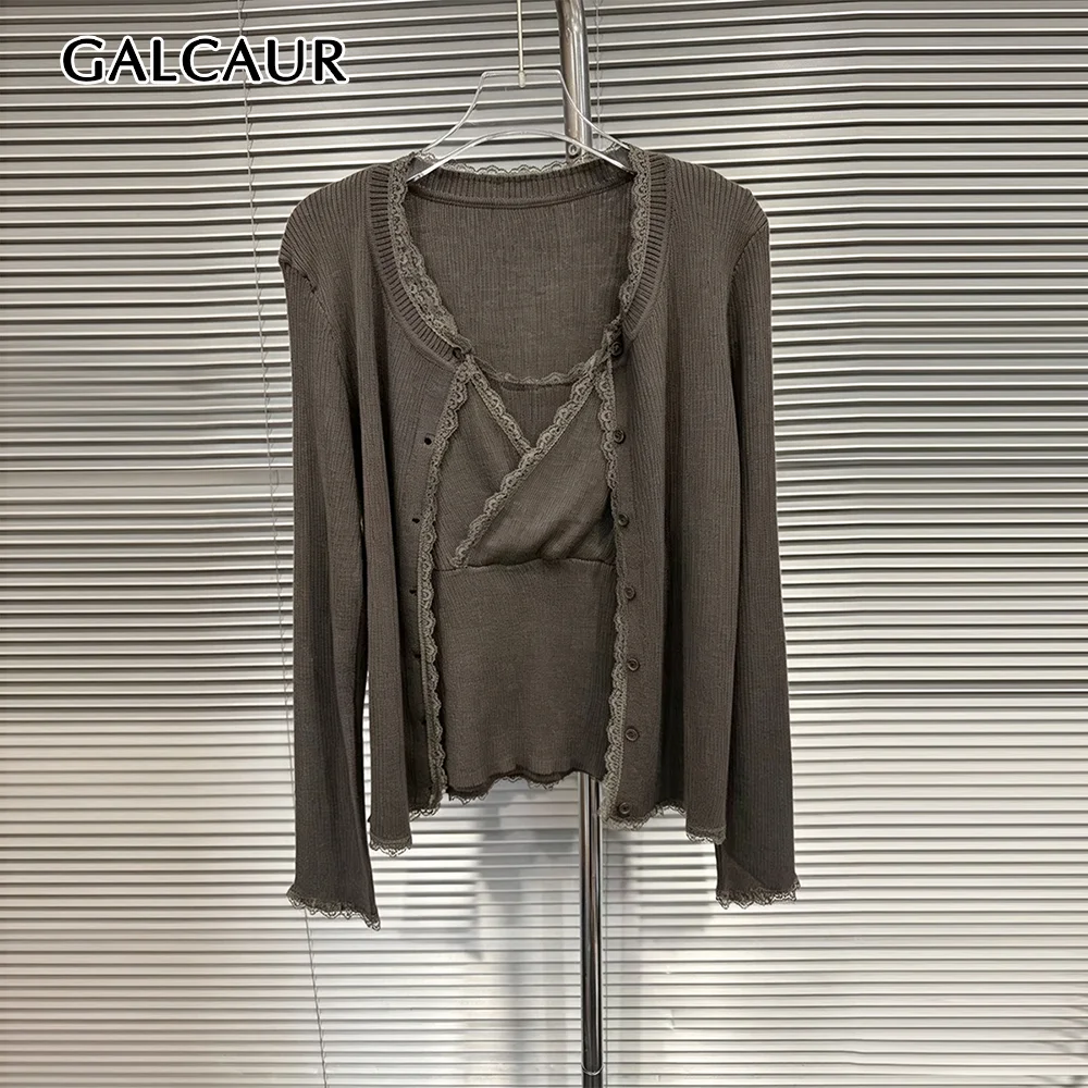 GALCAUR Lace Spliced Button Slimming Solid Two Piece Set for Women Round Neck Sleeveless Vest Knit Jacket Casual Sets Female New