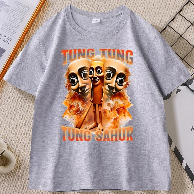 Tung Tung Tung Sahur Bedrucktes T-Shirt für Männer und Frauen, italienisches Brainrot-T-Shirt, lustige Baseballschläger-T-Shirts, Rundhalsausschnitt, Baumwollkleidung – Detail 6