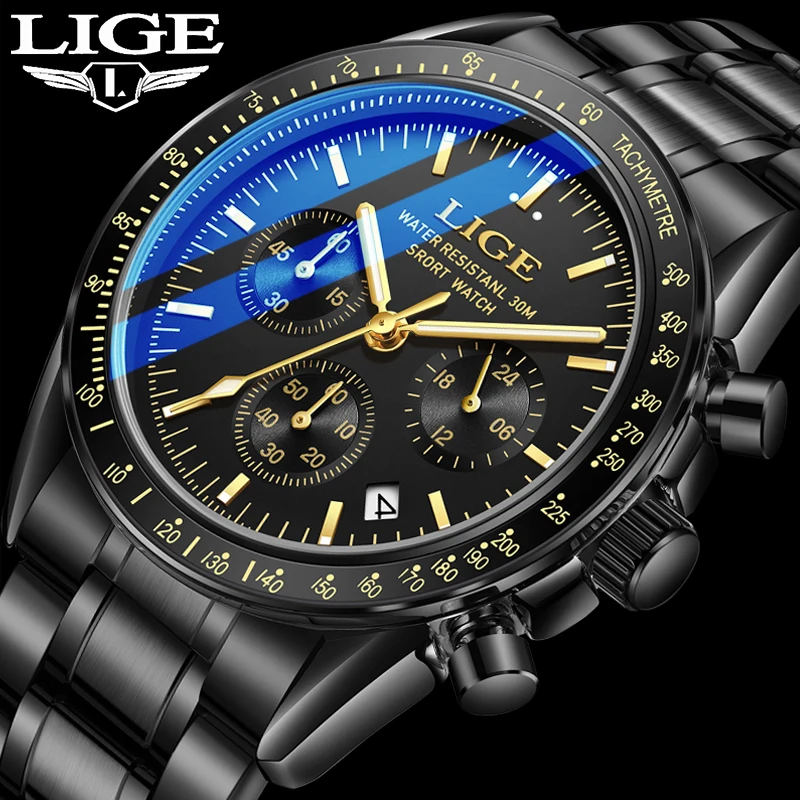 LIGE Classic Casual Watch for Men Stainless teel Sport Waterproof Male Watches Quartz Date Display Clock Relogio Masculino