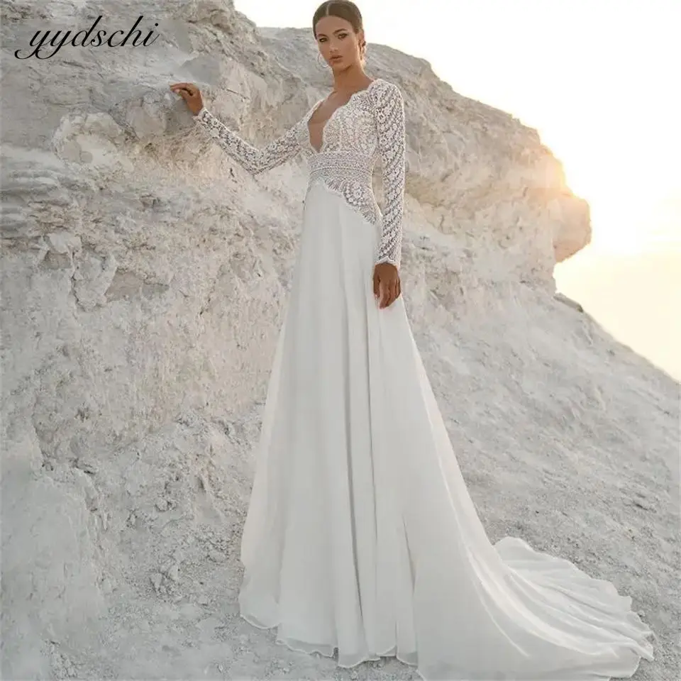 

Elegant Lace Satin Backless A-line Illusion Appliques Full Sleeves Wedding Dresses 2024 Court Train Evening Dress Bridal Gown