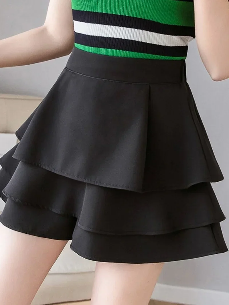 

Chic Sweet Female Shorts Skirts 2024 Spring New Cute Solid Ruffles Stitching Elastic High Waist Versatile A-line Short Z500