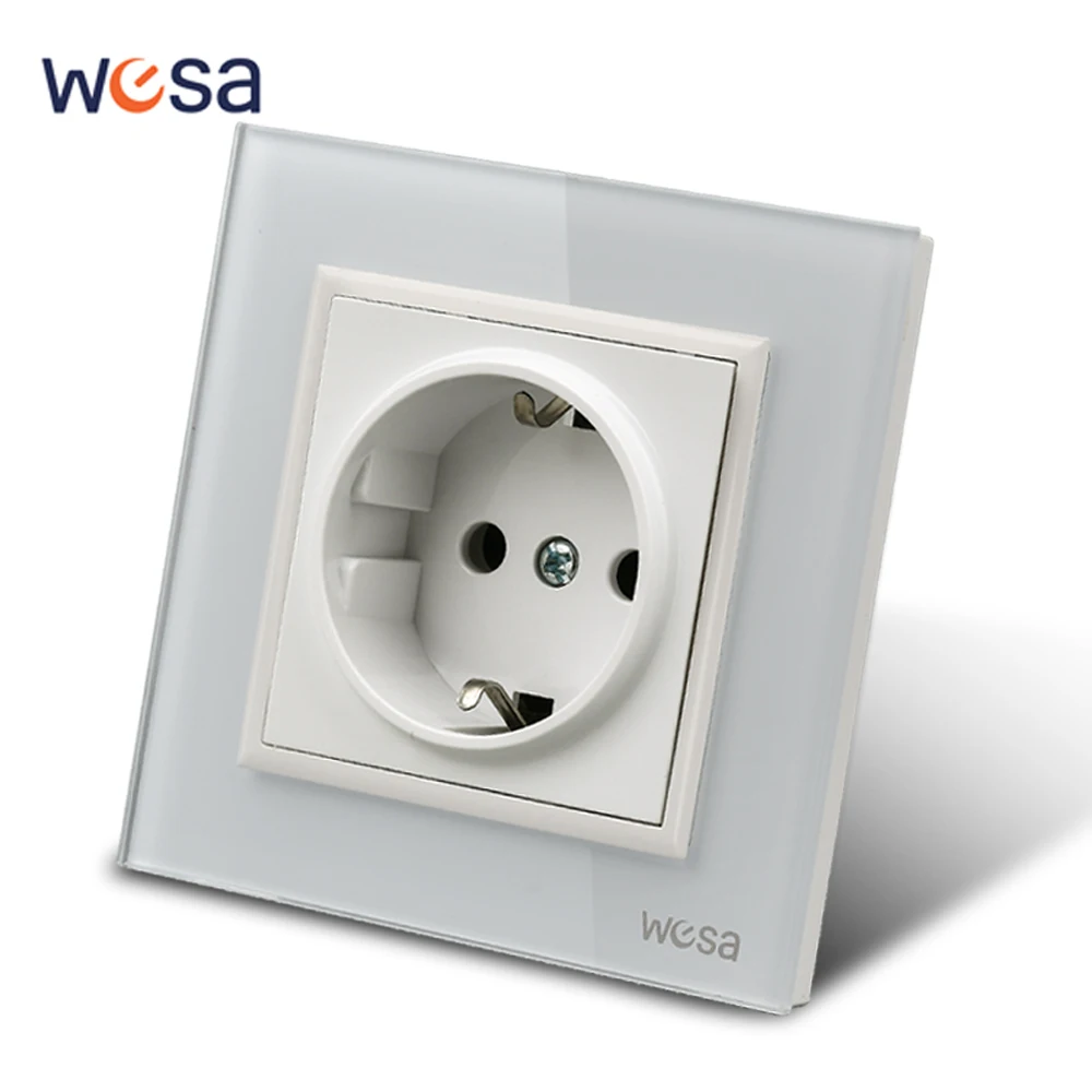 WESA Crystal Tempered Glass Panel White Wall Socket Flame Retardant EU Standard Power Socket Electrical Outlet Standard Ground