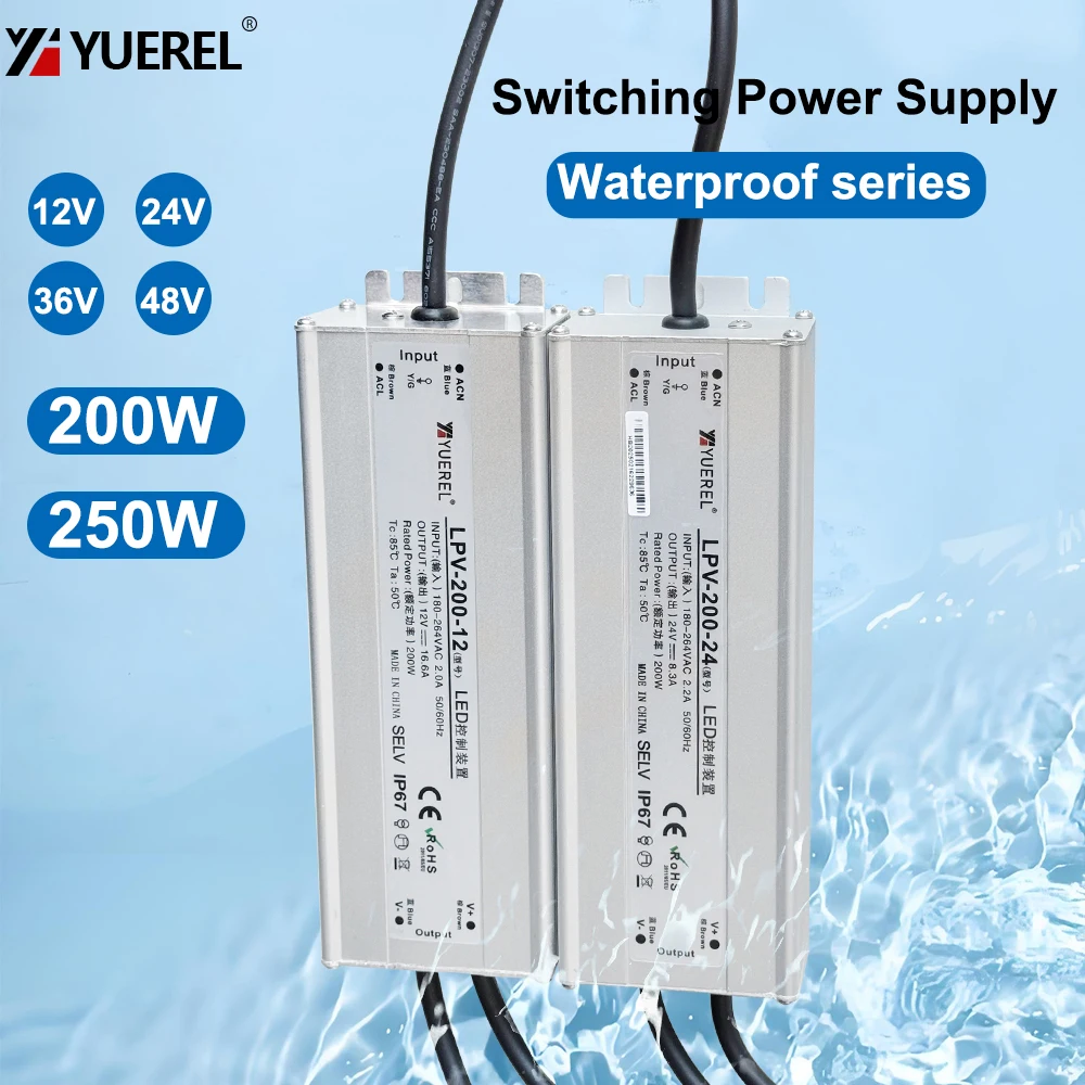 220V to 12V 24V LPV 200W 250W 75W IP67 Waterproof Switch Power Supply DC LED Outdoor 12V Transformer