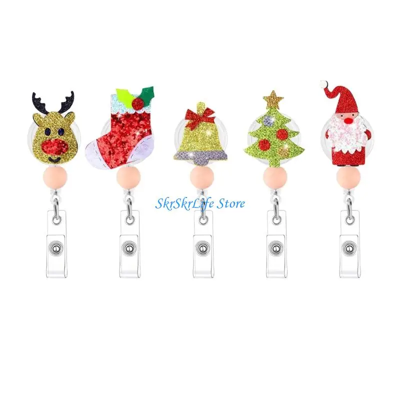 E65E 5Pcs Holiday Badge Holder with Clip for Access Cards, Christmas Badge Holder with Retractable Cord for Office Staff and