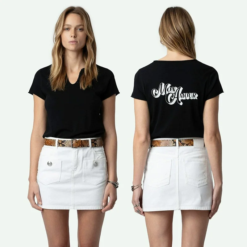 Black Tees Women Casual Short Sleeve Tops Female Summer Cotton Zadig T-Shirt U-Neck Button Letter Print T-Shirts